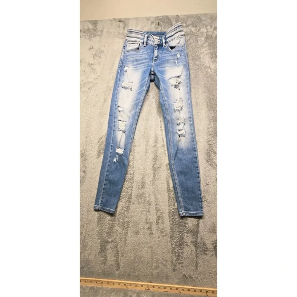 Kancan Denim 5 Pocket Skinny Jeans Womens 24 Blue Mid Rise Distressed Light Wash